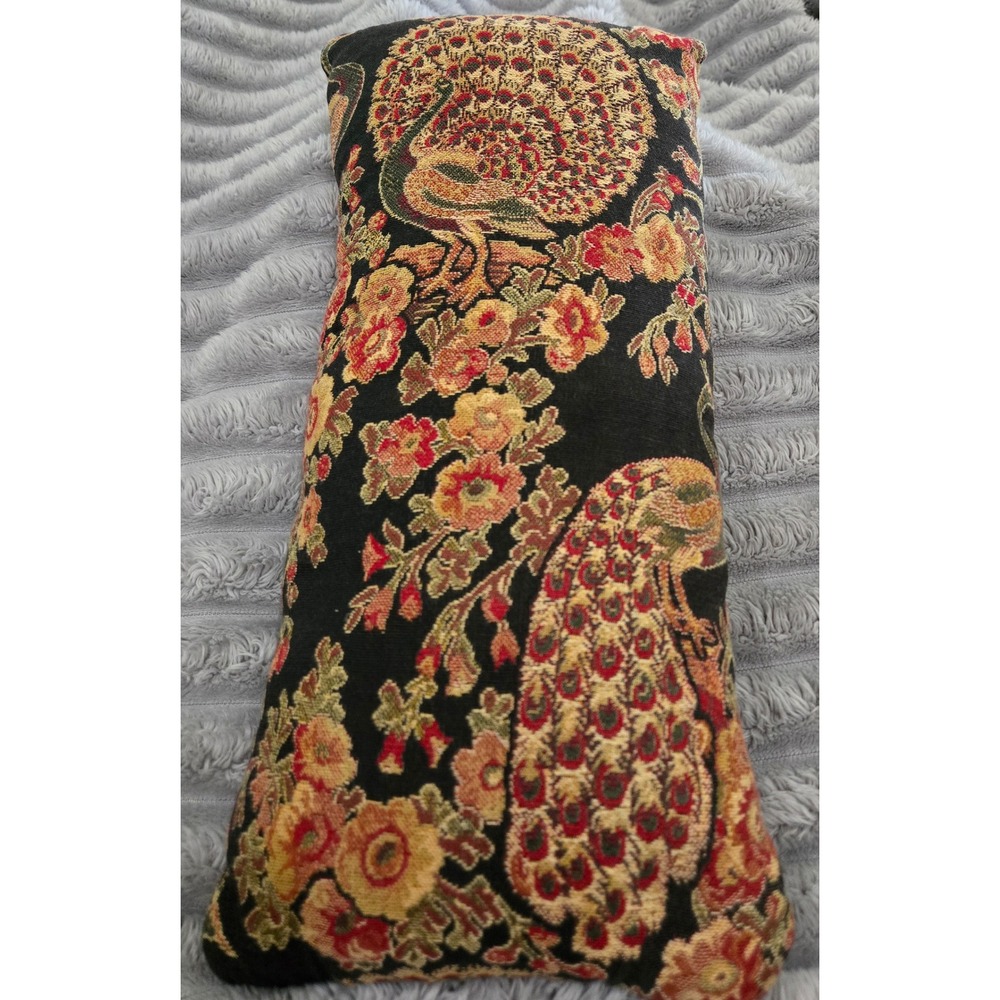 Vintage Peacock Floral Tapestry Lumbar Pillow Woven Boho Accent Cushion Black